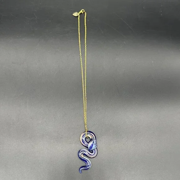 Art Glass Snake Pendant Necklace Gold Toned Chain Blue Copper Lampwork Serpent - Picture 3 of 9